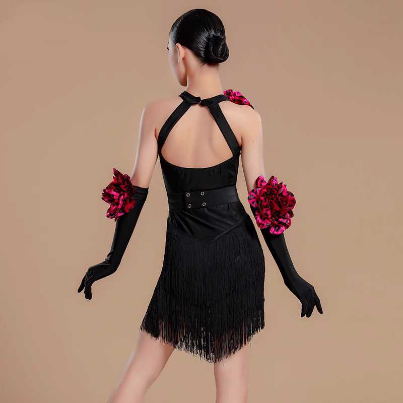 Latin Dance Costume for Girls Black with Wine Flowers Ballroom Salsa Rumba Chacha Dancing Dresses for Kids Girls Solo Dance Outfits