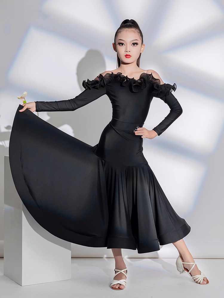 Black Latin Ballroom Dance Professional Competition Dresses for Kids Girls Dew Shoulder Boat Neck Long-sleeved Waltz Tango Dance Skirts