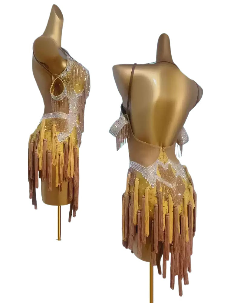 Custom Size Competition Latin Dance Dresses for Women Girls Gold Fuchsia Fringes Stones Salsa Rumba Chacha Blackpool Dance Wear