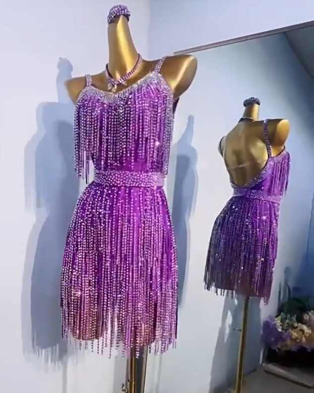 Custom Size Purple Bling Fringe Competition Latin Dance Dresses for Women Girls Kids Salsa Rumba Chacha Black Pool Latin Dance Costumes