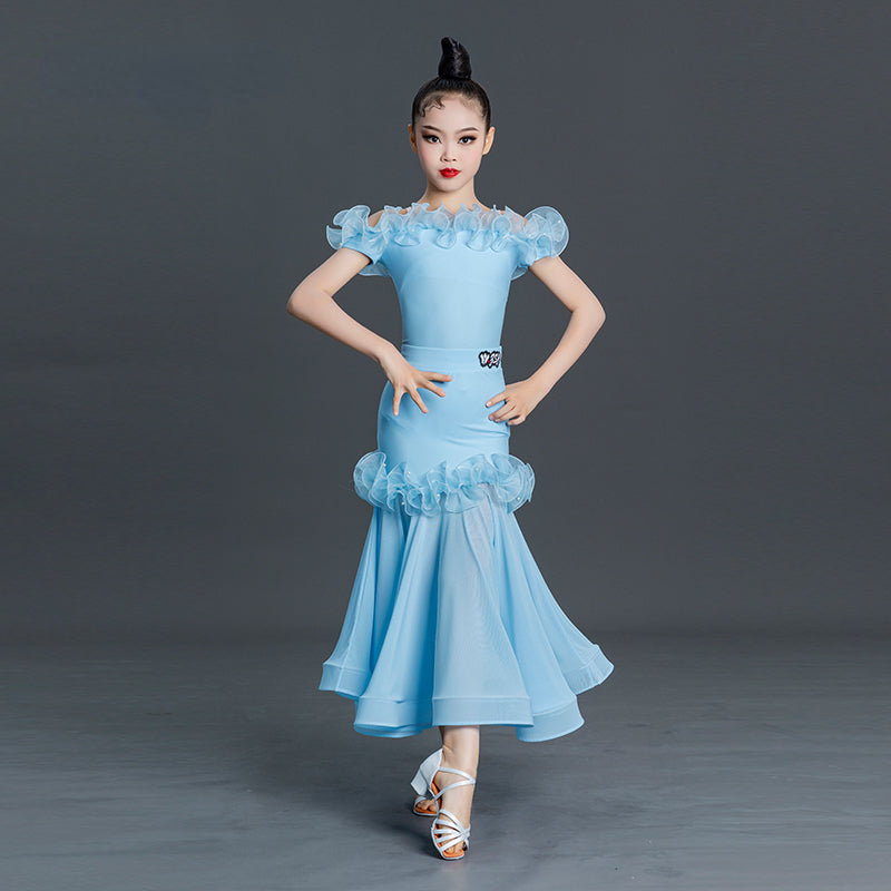 Girls light blue ballroom dance dresses competition tango waltz standard dance long skirts for kids