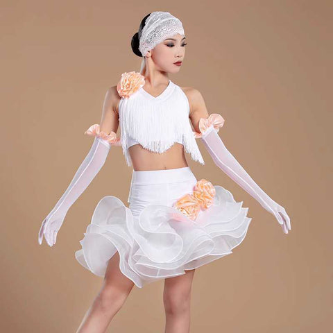 White with Pink Flowers Ballroom Latin Dance Dresses for Kids Girls Salsa Ballroom Chacha Party Performance Ball Gown for Children