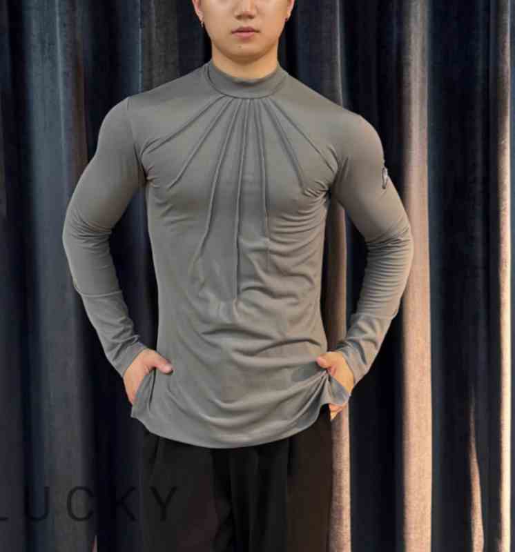 Grey Latin Dance Shirts for Youth Men's Modern Ballroom Waltz Tango Dance Tops Long-sleeved