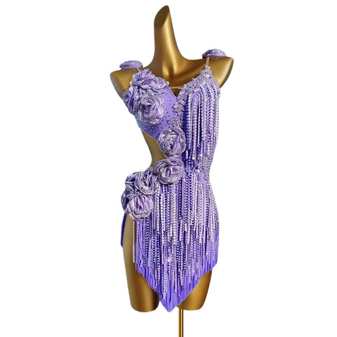 Custom Size Lavender Purple Fringe Latin Dance Competition Dresses for Women Girls Salsa Cha Cha Jive Professional Art Test Black Pool Dance Costumes