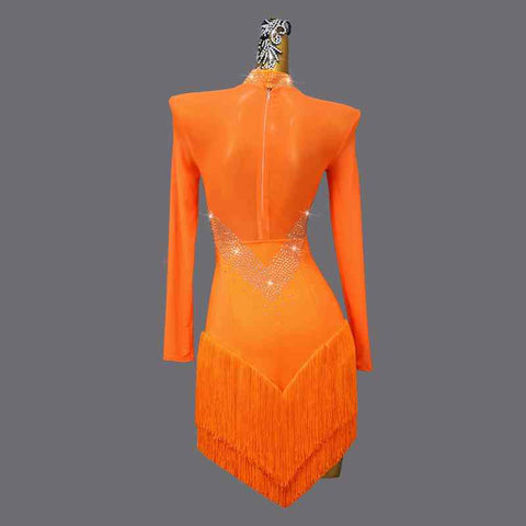 Professional Orange Latin Dance Dresses for Women Girls Fringe Rhinestones Ballroom Salsa Rumba Chacha Dance Contest Costume