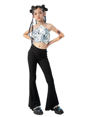 Silver sequins Hip-hop show dance costumes girls kids glitter jazz dance outfits catwalk model show bell bottoms tops