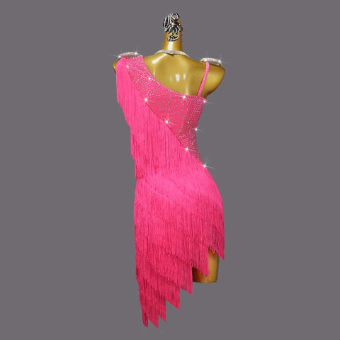 Professional fuchsia gemstones competition Latin Dance dresses for women girls slant neck Contest Show Flower solo Dance Tassel costumes