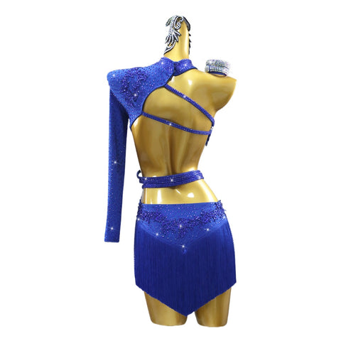 Custom Size Slant Neck Royal Blue Fringe Competition Latin Dance Dresses for Women Girls Latin Salsa Cha Cha Rumba Performance Costumes