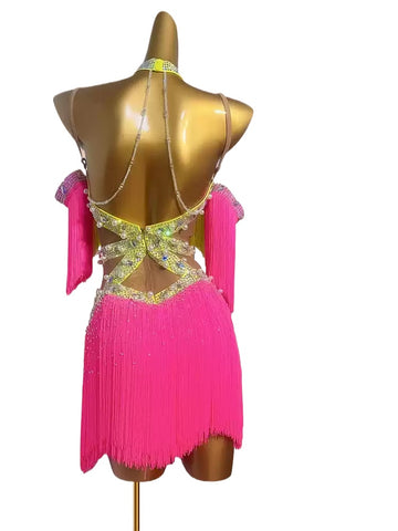 Custom Size Competition Fringe Latin Dance Dresses for Women Girls Kids Colorful Pink Yellow Latin Salsa Rumba Chacha Blackpool Solo Dance Clothes