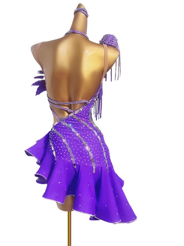 Custom Size Violet Feather Competition Slant Neck Latin Dance Competition Dresses for Women Girls Kids Salsa Rumba Blackpool Competition Uniform Adult Performance Uniform