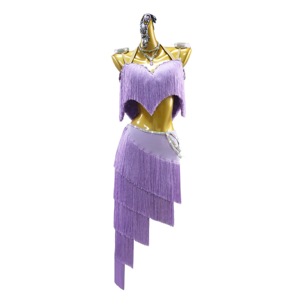 Lavender Purple Fringe Latin Dance Dresses for Women Girls Black Pool Salsa Rumba Performance Clothes Split Belly Dance Wear