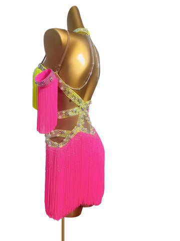 Custom Size Competition Fringe Latin Dance Dresses for Women Girls Kids Colorful Pink Yellow Latin Salsa Rumba Chacha Blackpool Solo Dance Clothes