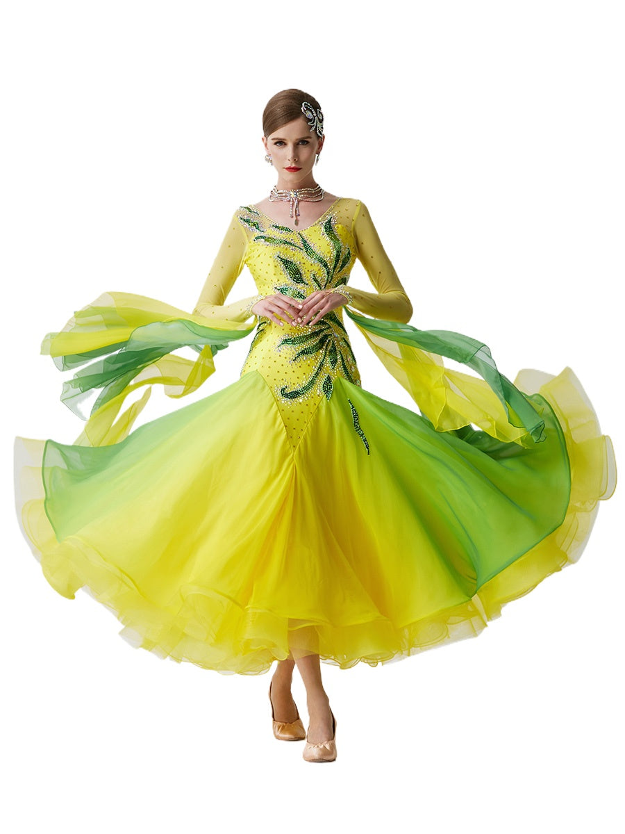 Custom Size Yellow Competition Ballroom Dance Dresses for Women Girls Rhythm Waltz Tango Dancing Gown