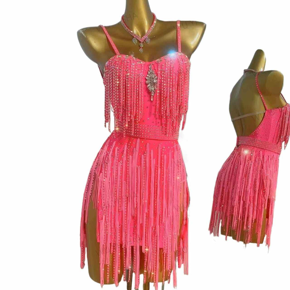 Custom Size Pink Coral Fringe Competition Latin Dance Dresses for Women Girls Salsa Rumba Chacha Dance Skirts Party Performance Bling Clothes