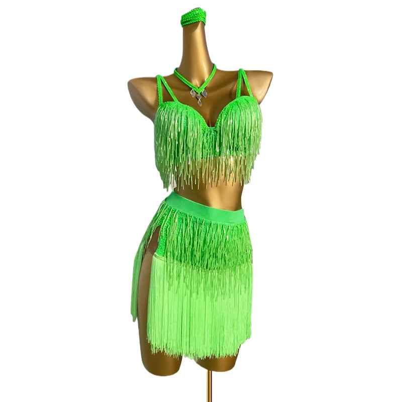 Custom Size Neon Green Beads Fringe Competition Latin Dance Dresses for Women Girls Salsa Rumba Rhythm Latin Blackpool Dance Wear