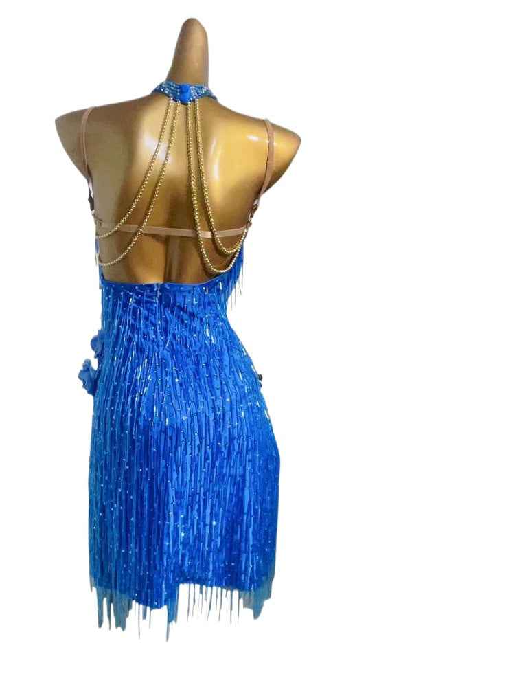 Custom Size Blue Beads Fringe Latin Dance Dresses for Women Girls Latin Salsa Chacha Rumba Competition Costumes