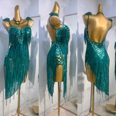 Custom Size Green Fringe Competition Latin Dance Dresses for Women Girls Salsa Rumba Chacha Latin Dance Costumes irregular skirts