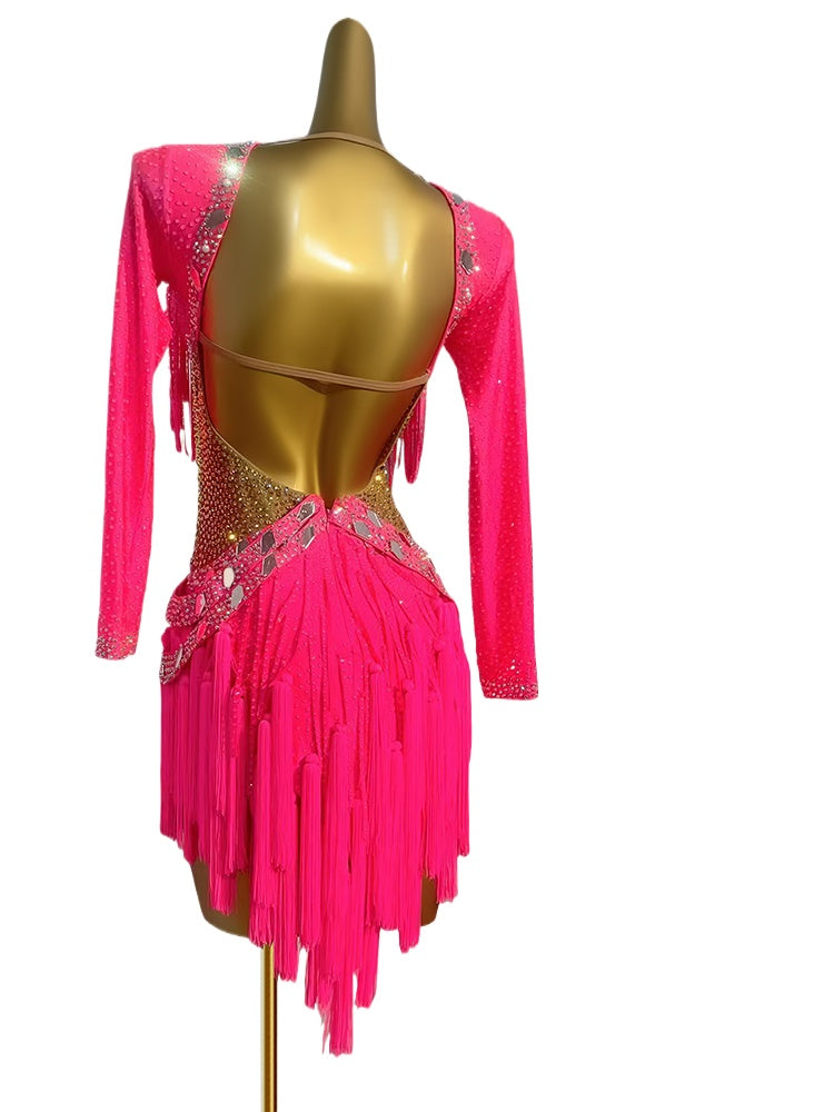 Custom Size Fuchsia Turquoise Green Fringe Latin Dance Dresses for Women Girls Professional Salsa Latin Rhythm Competition Dancing Costumes Modern Dance Skirts