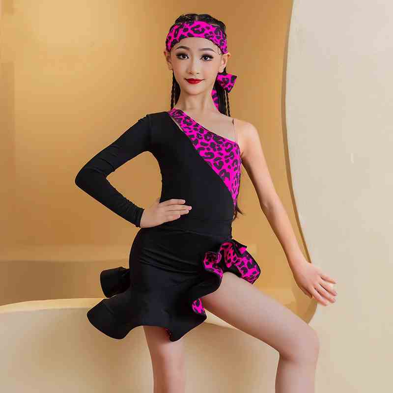 One shoulder fuchsia leopard Latin dance dresses for kids girls children slant neck long sleeves latin salsa rumba chacha performance costumes