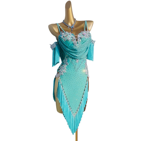 Custom Size Turquoise Green Fringe Latin Dance Competition Dresses for Women Girl Kids Diamond Salsa Rumba Chacha Performance Costumes