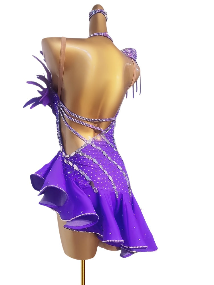 Custom Size Violet Feather Competition Slant Neck Latin Dance Competition Dresses for Women Girls Kids Salsa Rumba Blackpool Competition Uniform Adult Performance Uniform