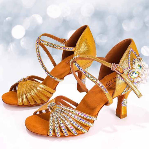 Competition Bronze Silver Sparkling Latin Dance Shoes for Women Girls Kids Competition Salsa Rumba Cha Cha Jive Performance Sandals Soft Soles Indoor Style